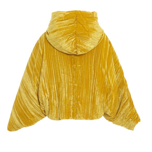 OOF WEAR Womens Velvet Puffer Bomber Jacket Sunflower Golden Yellow Anthro - Picture 2 of 13